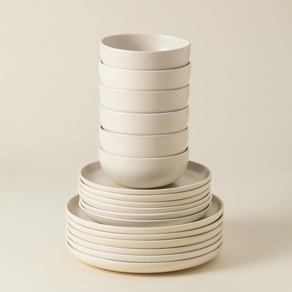 Casafina Ceramic Stoneware 18-Piece Place Setting Service for 6 with Cereal Bowls - Pacifica Collection, Vanilla | Microwave & Dishwasher Safe Dinnerware Set | Food Safe Restaurant Quality Tableware