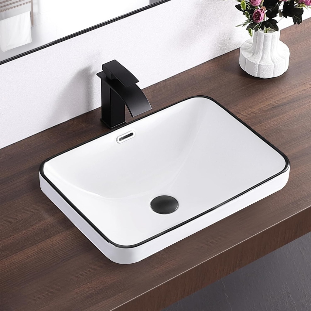 Bathroom Vessel Sink 20.6'' x 14.7'' Semi Recessed Bathroom Sink Rectangular Drop-in Vanity Sink with Overflow White with Black Rim Ceramic Modern Art Basin