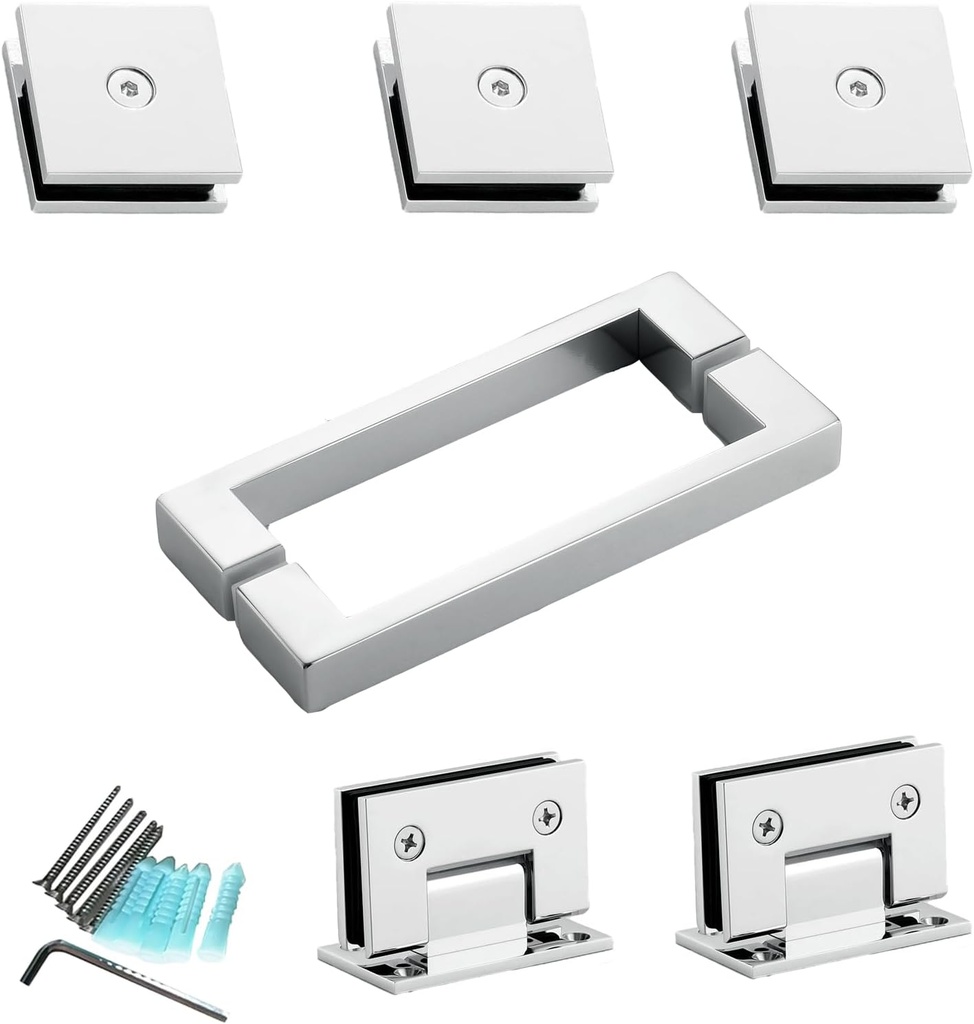 Shower Door Hardware Kit for Frameless Inline Hinged Doors, Includes Hinges, Square Pull Handles and Clamps, for 5/16"–3/8" Glass, Suitable for Bathtub or Standing Shower Setup, Chrome