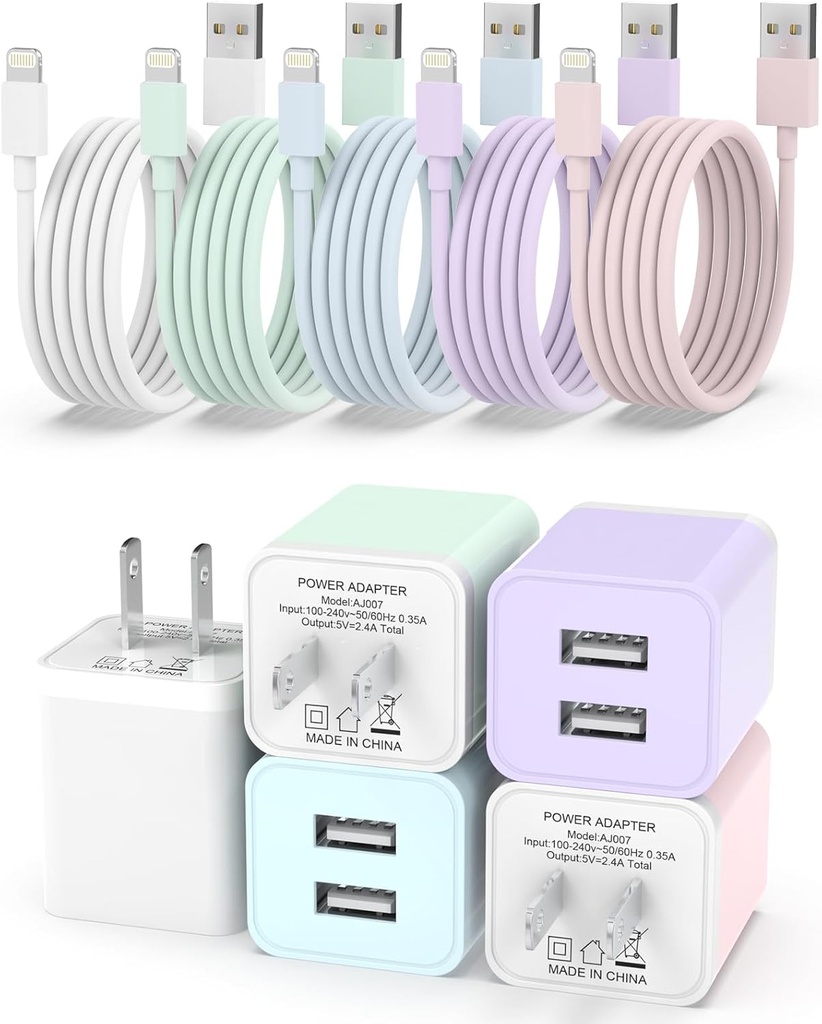 iGENJUN 5Pack iPhone Charger [MFi Certified], Dual Port USB Wall Charger Block Adapter with 6FT Lightning Cable Fast Charging Data Sync Cords for iPhone 14 13 12 11 Pro Max XR XS Plus-Multicolor