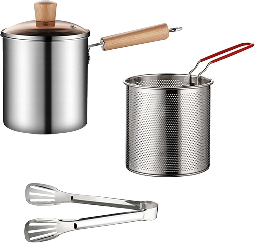 Deep Fryer Pot 304 Stainless Steel, 3L Japanese Tempura Frying Pot with Wooden Handle Strainer Basket and Tongs for Frying Fish Shrimp Chicken and Fries