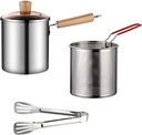Deep Fryer Pot 304 Stainless Steel, 3L Japanese Tempura Frying Pot with Wooden Handle Strainer Basket and Tongs for Frying Fish Shrimp Chicken and Fries
