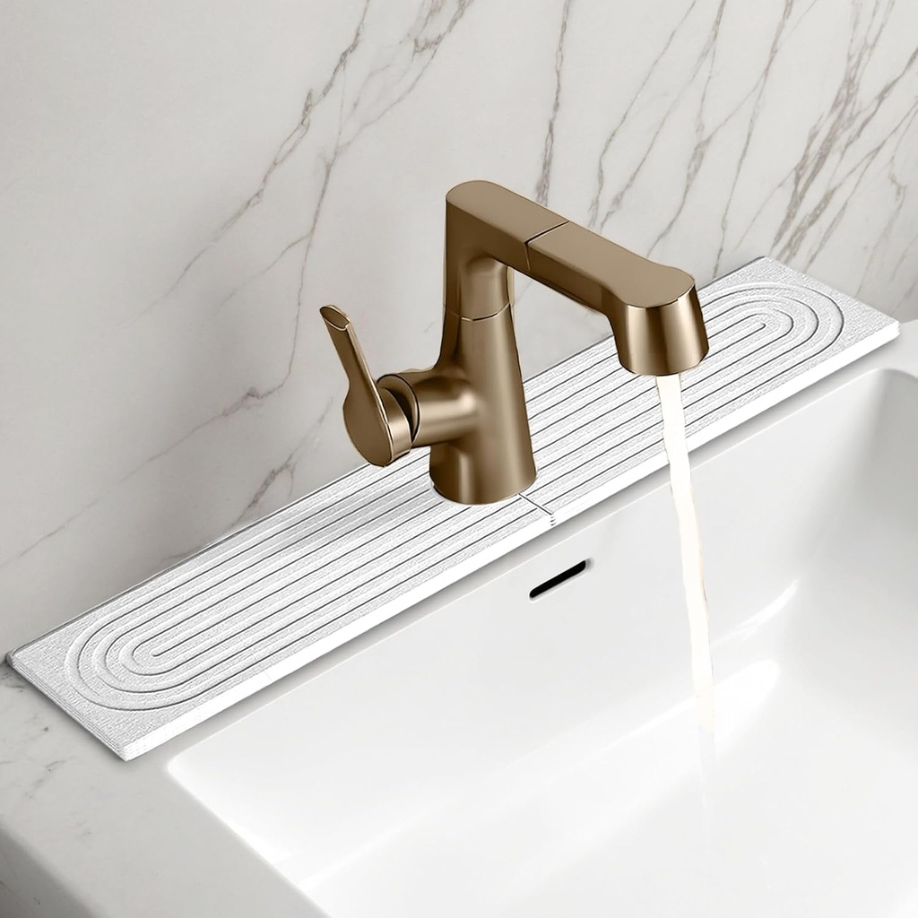 Stone Faucet Mat, 23.6"x3.9" Kitchen & Bathroom Sink Mat - Fast Drying Sink Tray, Durable Counter Protector for Sink Area (White)