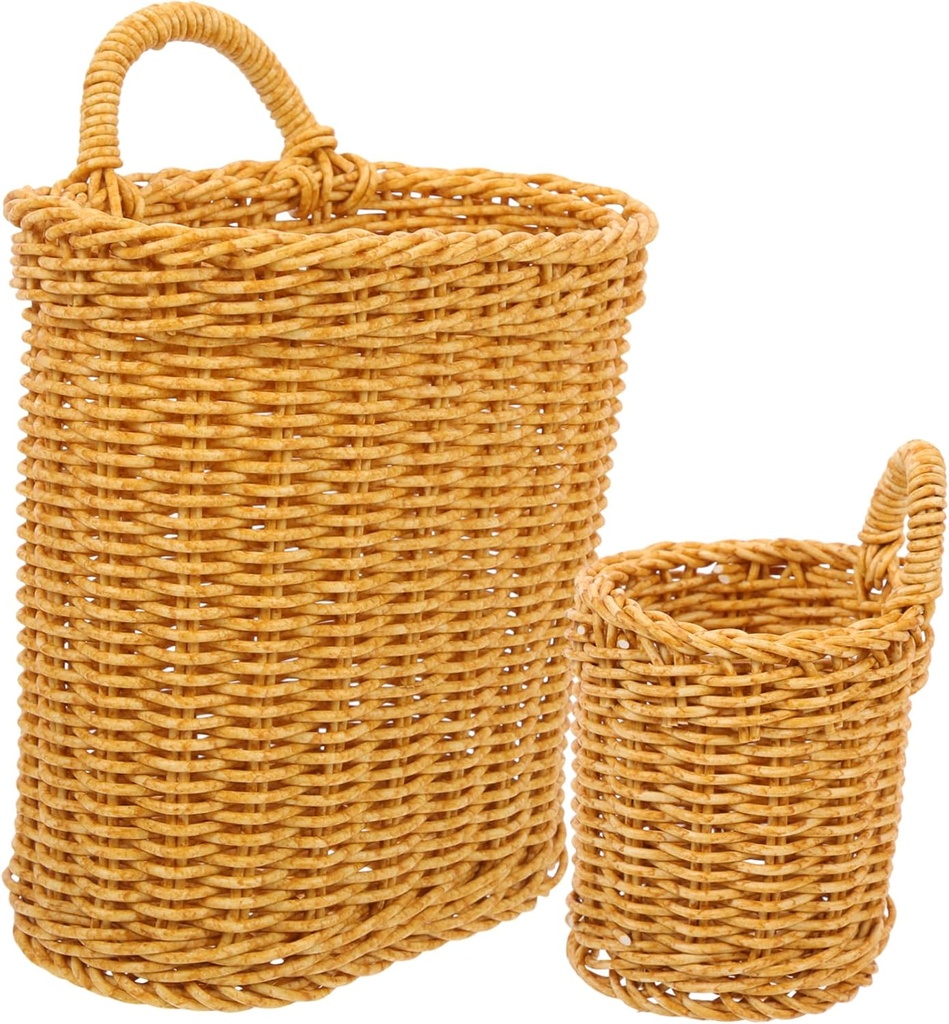 VOSAREA 2Pcs Woven Wall Hanging Storage Basket Imitation Rattan Kitchen Organizer for Fruits Vegetables and Utensils – Decorative Storage Solution for Home and Garden