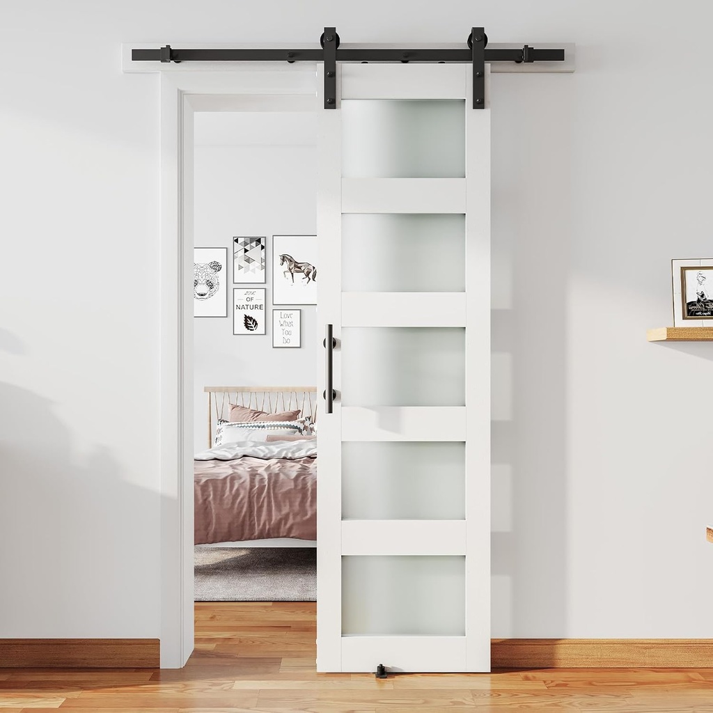 26'' x 84'' Glass Barn Door and 5 Ft Hardware Kit Included, MDF White Barn Door Slab with Frosted Glass, PVC Surface, Combined with Handle and Floor Guide-Assembly Required, White