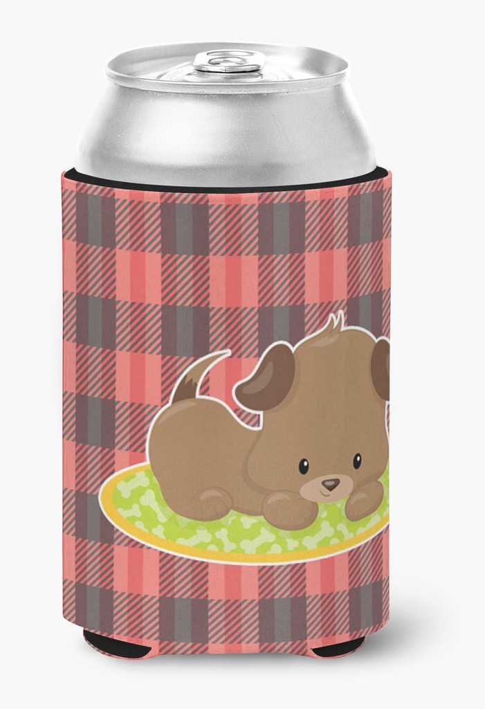 Caroline's Treasures BB7072CC Puppy on Black Red Gingham Can or Bottle Hugger Cooler Washable Drink Sleeve Collapsible Beverage Insulated Holder, Can Hugger, Multicolor
