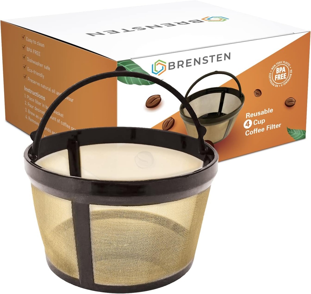 4 Cup Reusable Filter Basket With Closed Bottom Fits MrCoffee Coffee Maker and Brewer - Permanent Filter Replacement Compatible With Mr Coffee Gold Basket-Style Filters 1-Pack