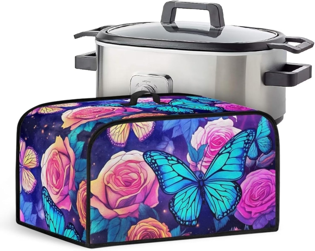 Rose Butterfly Slow Cooker Covers Oval Crock Pot Cover Dust Cover for 6-8 Quart Multi-Cooker Cloth Cover with Pockets Home Kitchen Decor