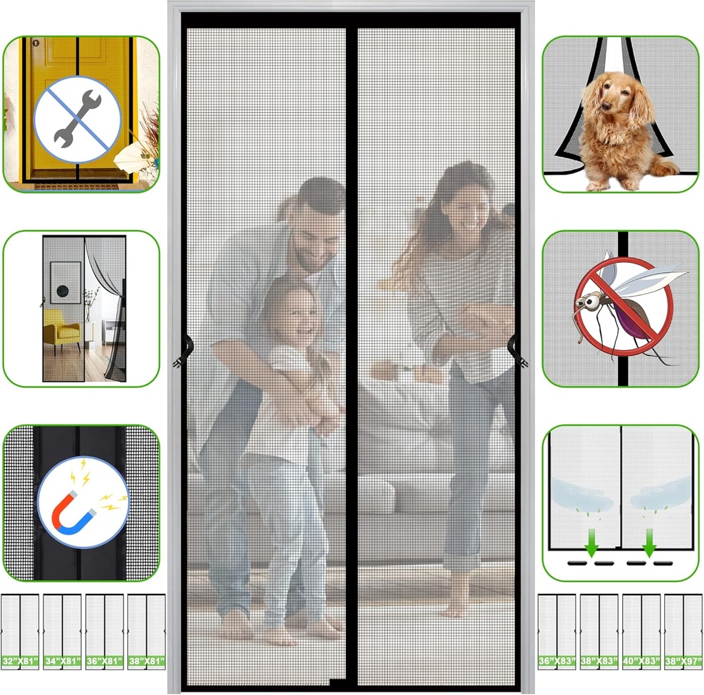 Magnetic Screen Door Fits Door Size 36 x 80 Inch, Screen Size 38"x 81", Fiberglass Magnets Mesh, Easy Install, Black