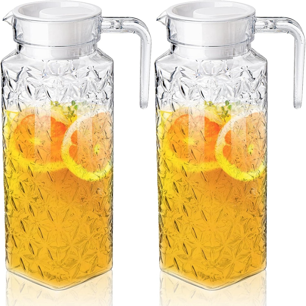 Peohud 2 Pack Acrylic Pitchers, 37oz Clear Plastic Pitcher with Removable Lid, Transparent Juice Jug Water Pitcher for Iced Tea, Sangria, Lemonade, Cold or Hot Beverages, BPA-Free and Shatter-Proof