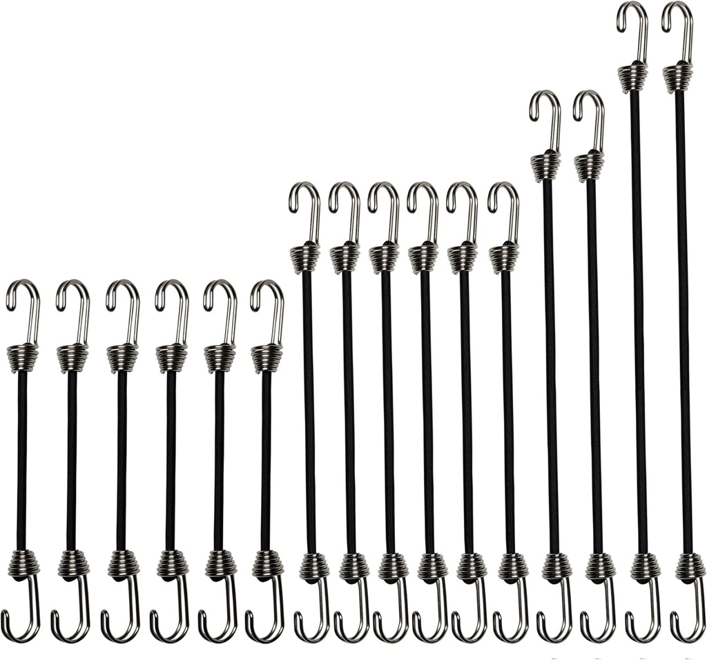 Mini Bungee Cords with Hooks. Versatile Outdoor Bungee Cord Set. Includes, 2inch, 4inch, 6inch, and 8inch, Totaling 16 Bungee Cords. (16pcs, Black, Four Sizes)