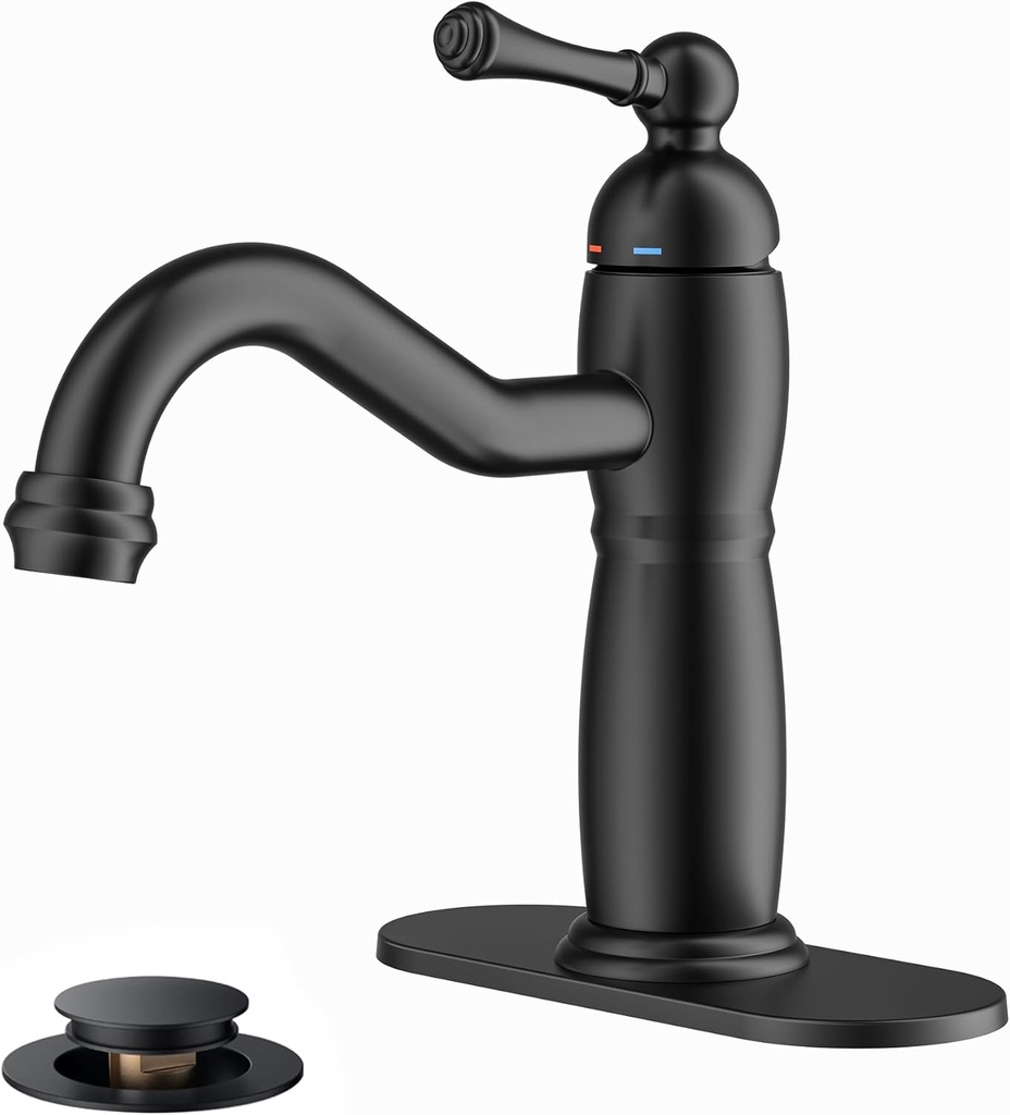 FORIOUS Matte Black Bathroom Vanity Faucet - Single Handle 1 Hole Basin Sink Faucet with Pop-Up Drain and 24" Water Hose, Lead-Free Solid Brass Construction