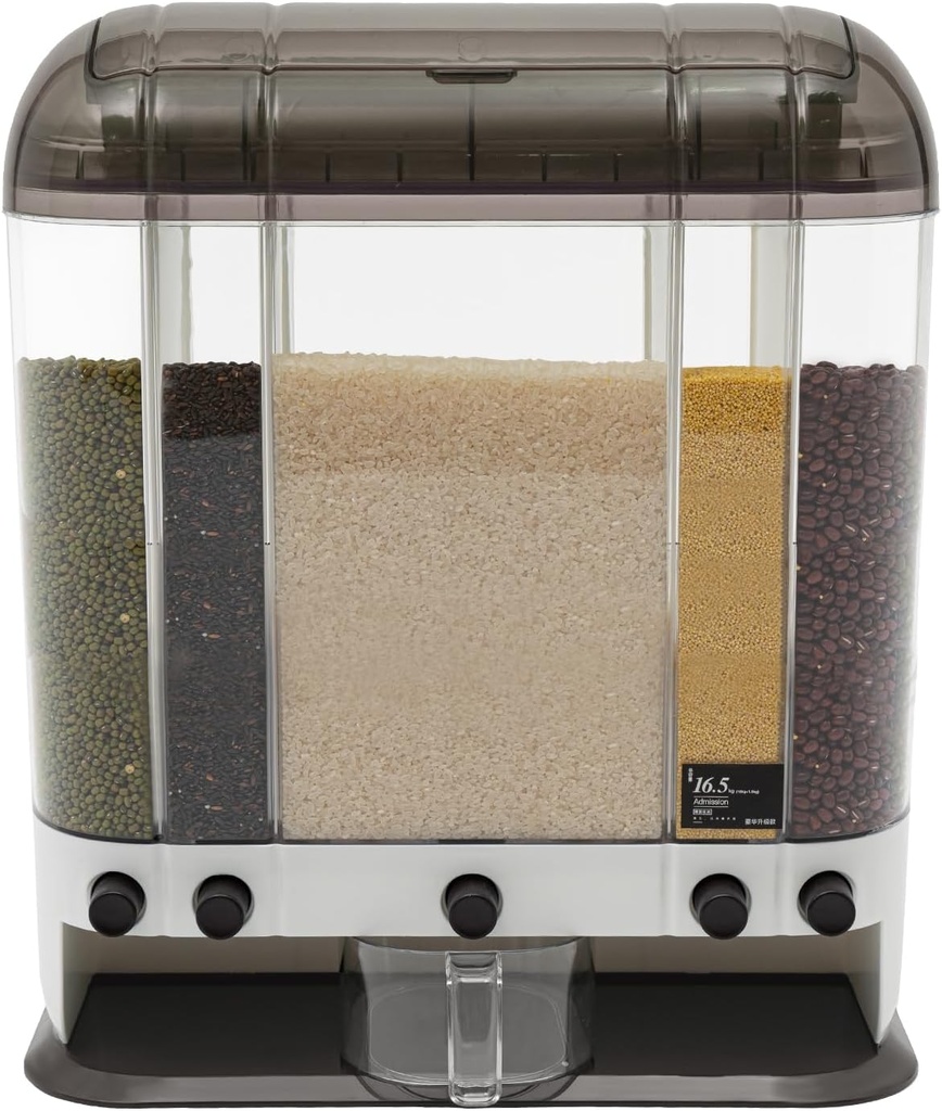 TFCFL Rice Dispenser, 5 Grids Removable Dry Food Dispenser, Dispenser with Measuring Cup for Home, Cereal Transparent Bucket, storage box, Beans Clear Cans