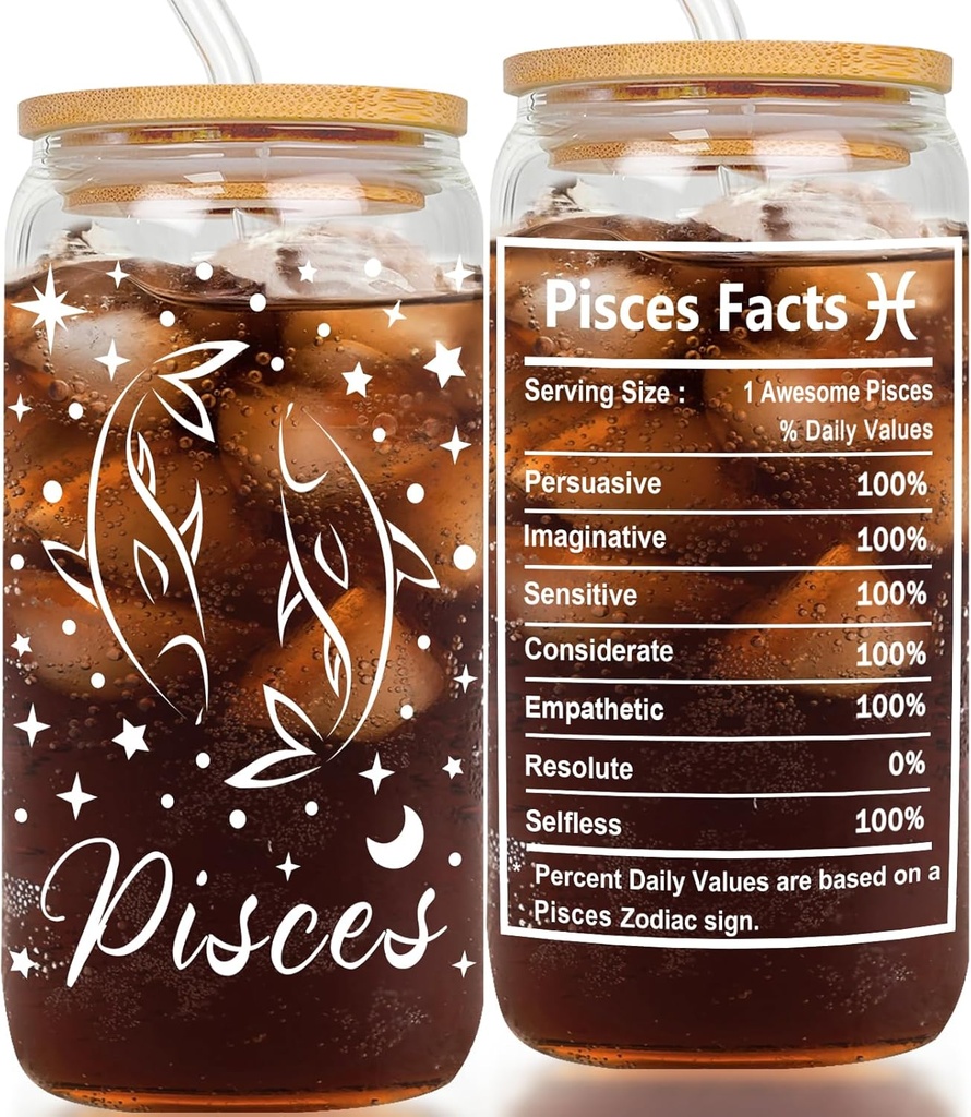 Pisces Gifts - Birthday Gifts for Women - 16oz Pisces Glass Tumbler for Friend - Astrology Coffee Cup for Coworker - Zodiac Constellation Gifts for Employee Boss Lady