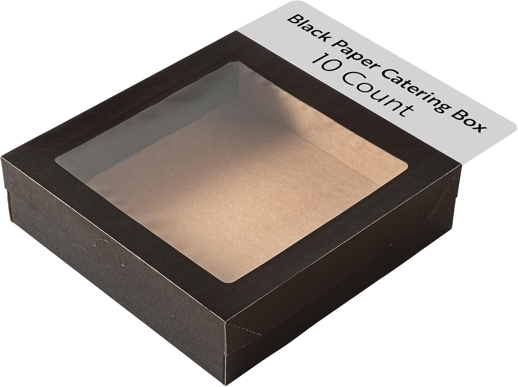 Restaurantware Cater Tek 9 x 9 x 2.4 Inch Baked Goods Boxes 10 Greaseproof Pastry Boxes - Window Lids Insert Tab Lock Black Paper Catering Boxes Easy Assembly For Charcuterie Or Cupcakes