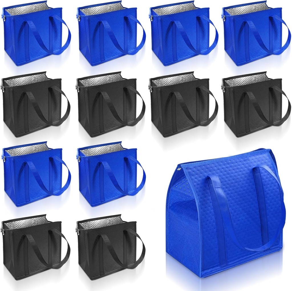 12 Pcs Insulated Bags Large Reusable Shopping Thermal Cooler Tote Bags for Grocery Food Delivery with Zippered Top for Hot or Cold Storage (Blue,Black)