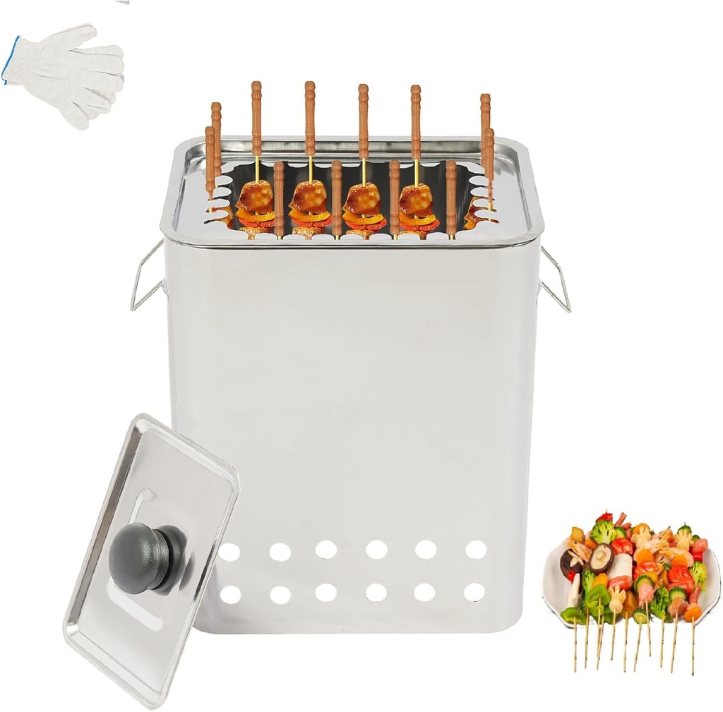 Portable Charcoal Grills, Stainless BBQ Grill Barrel, Square Barbecue Hanging Grill Vertical Smoker Barrel for Travel, Outdoor Cooking and BBQ(Capacity 26 Skewers)