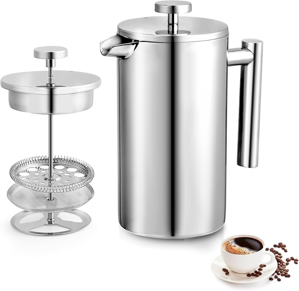 Miuly French Press 34oz, Double Insulated 304 Stainless Steel Coffee Press,Stainless Steel French Press with 2 Extra Fliters and 1 Coaster Mat Coffee Set(34oz, Sliver)
