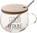 TREEWOO GOOD MORNING Clear Mug For Coffee Dessert Milk Tea Yogurt Round Glass Cup Handgrip Drinkware With Bamboo Lid Tulip Ceramic Spoon (Black Letters Cup(New))