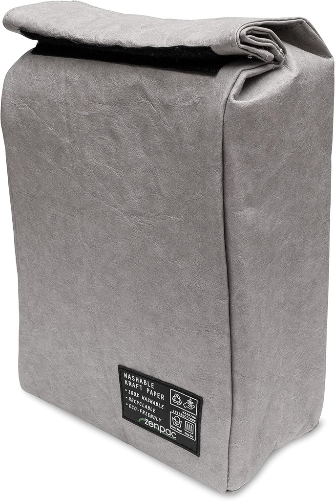 ZENPAC Small Grey Insulated Bag, Lunch Box for Men, Unisex, Designer Kraft, Washable, Spill Proof Sandwich Sack for Work, School, Picnic, 8.5x4.5x12 Inches