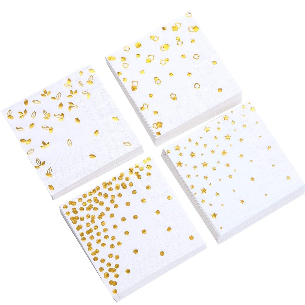 100 PK Gold Napkins - 4 Assorted Designs - 3-Ply Cocktail Napkins Folded 5 x 5 Inches Bar Napkins Disposable Party Napkins Paper Napkins Dinner for Wedding Baby Shower Birthday Graduation 2023