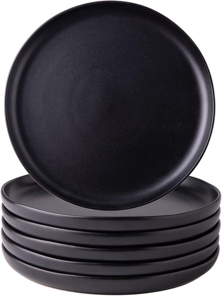 AmorArc Ceramic Dinner Salad Plates Set of 6, Wavy Rim 8.5 Inch Dish Set, The Dessert,Salad, Appetizer, Small Dinner etc Plate,Microwave, Dishwasher Safe, Scratch Resistant, Matte Black