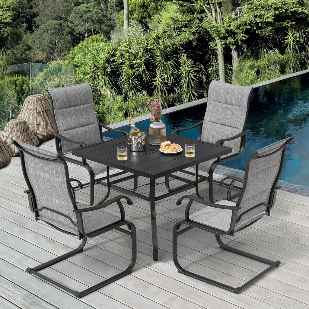 NUU GARDEN 5-Piece Outdoor Dining Set, All Weather Outdoor Padded Textilene Patio Chairs and Square Dining Table with Umbrella Hole for Backyard, Patio, Garden, Deck, Light Black and Grey