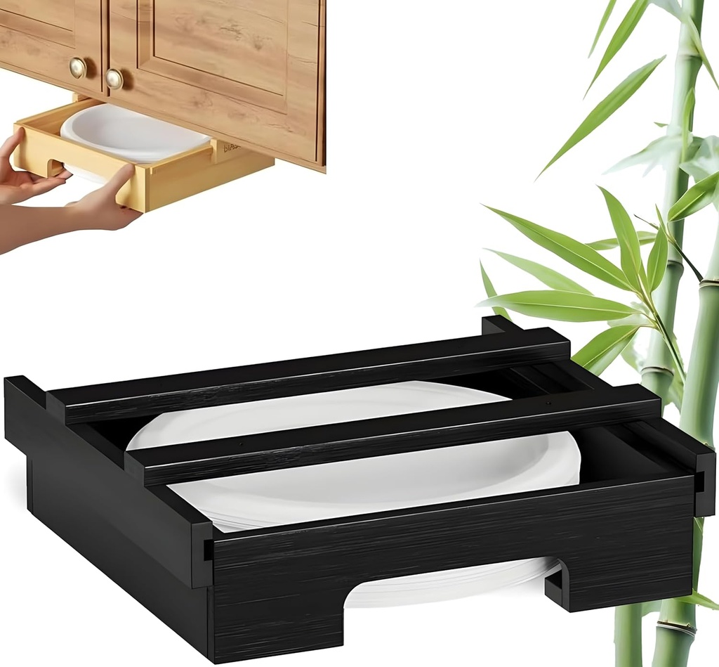 10-Inch Paper Plate Dispenser Under Cabinet Bamboo Plates Holder, Paper Plate Dispenser Under Cabinet, Kitchen Counter Vertical Plate Dipensersn (Black), ZR-290