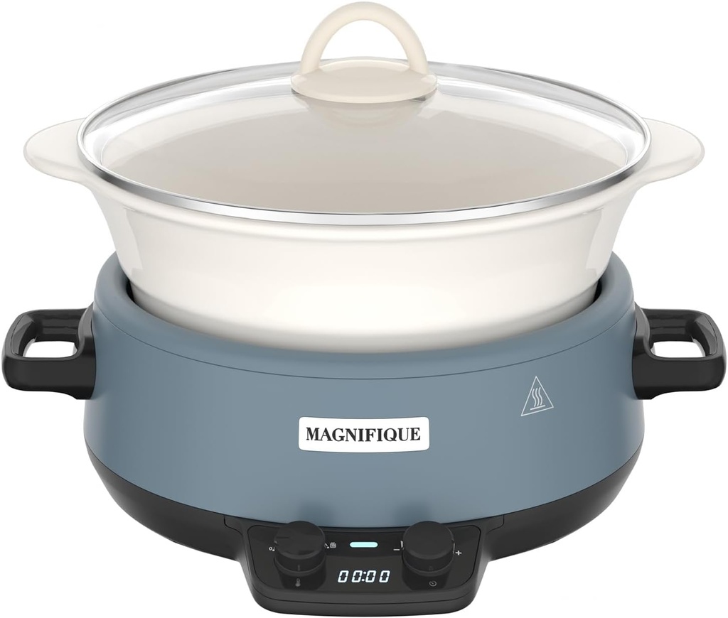 MAGNIFIQUE 5 Quart Programmable Slow Cooker with Auto Warm Setting, Glazed Ceramic Liner, Kitchen Small Appliance for Family Dinners, Blue