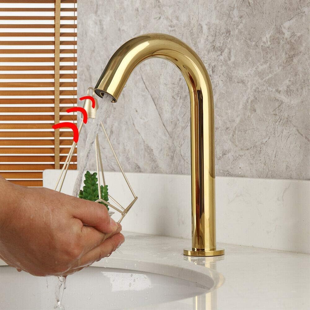 Gold Touchless Countertop Bathroom Sink Faucet, Modern Style, Single Hole, Deck Mount, Brass Finish, 7 Inch Spout Height & Reach, Automatic Sensor, Above Counter Installation