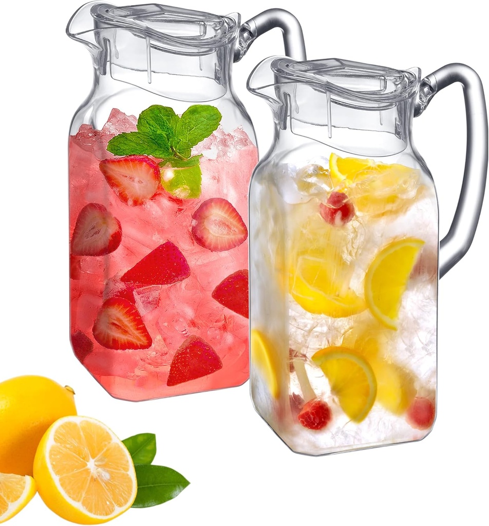 Amazing Abby - Quadly - 2-Pack Acrylic Pitcher (64 oz), Clear Plastic Water Pitcher with Lid, Fridge Jug, BPA-Free, Shatter-Proof, Great for Iced Tea, Sangria, Lemonade, Juice, Milk, and More