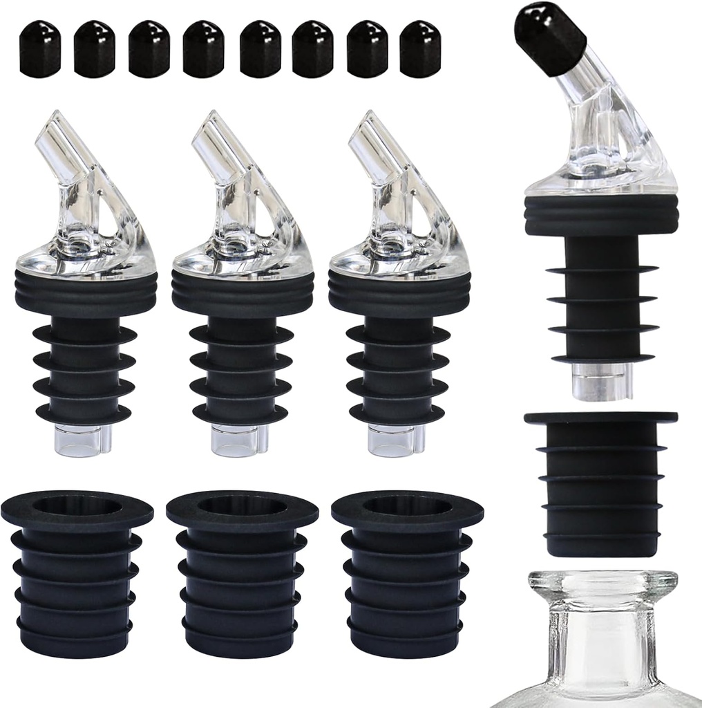 Olive Oil Pour Spout for Olive Oil Dispenser，for big-small bottle olive oil dispenser spout。Leak-Proof,4-piece Large small + 8 Black Lid Caps