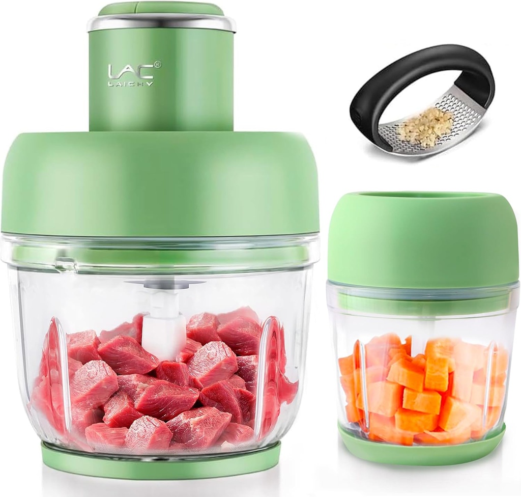 Food Processors,Electric Food Chopper with Meat Grinder & Vegetable Chopper - 2 Glass Bowls (10Cup+3.2Cup) with Powerful 300W Copper Motor - Includes 2 Sets of Bi-Level Blades for Fruits/Meat/Nuts