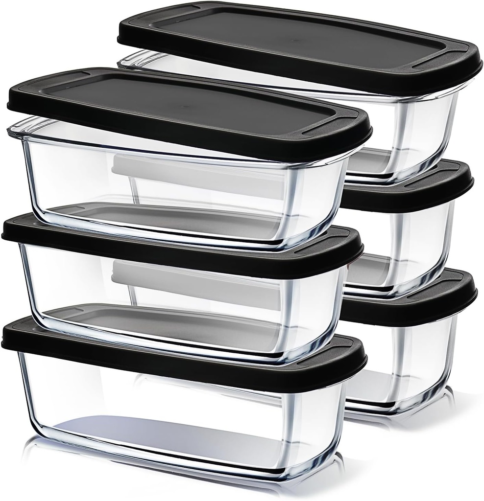 EATEX Glass Bread Pans for Homemade Bread Baking, 1.9 Quart Deep Rectangular Glass Food Storage Containers with Lids BPA Free Microwave Oven & Freezer Safe - 6 Bread Loaf Pans 6 Airtight Lids Black