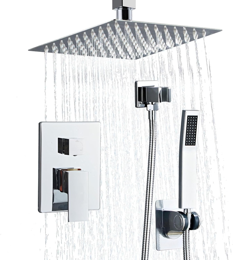 8 Inch Shower Faucet Set Ceiling Mount, High Pressure Rainfall Shower System, Square Rain Shower Head with Handheld Spray Combo, Ceiling Luxury Rainfall Shower Fixtures (L-Style)