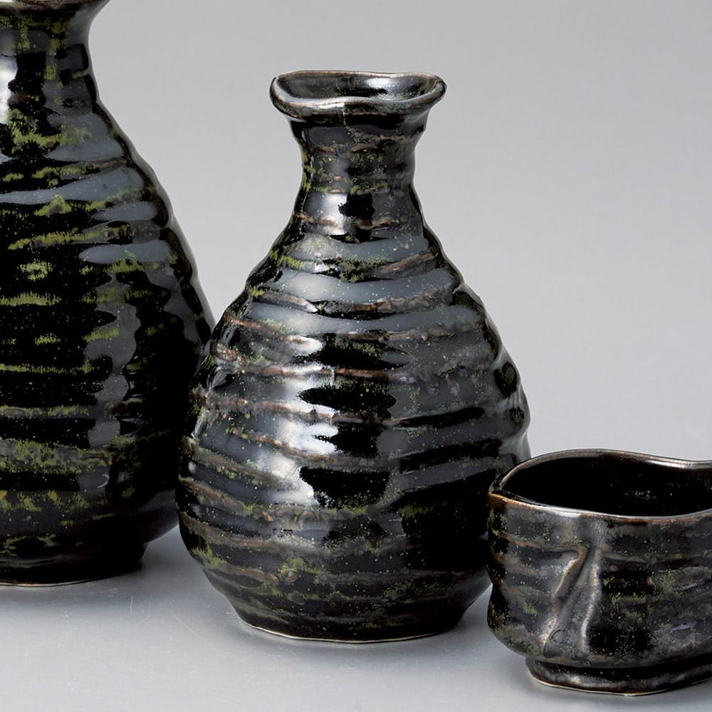 Ale-net Sake Set Tokuri Ochoko Set 3.7 x 5.3 inches (9.5 x 13.5 cm), 410cc, Deep Sea 2 Tokuri & Guinomi (2 Pieces) Set, Pottery, Mino Ware