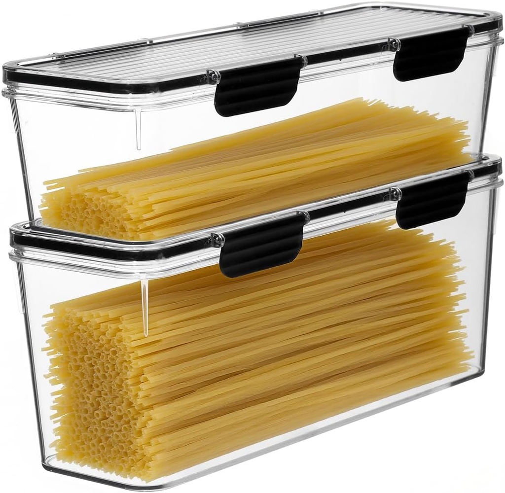 EORTA Set of 2 Spaghetti Pasta Storage Container with Lid, (3.6L/2.8L) Clear Kitchen Pantry Organizer for Noodles, Flour & Dry Food, Plastic Canisters Keeper Box with Black Cover, Size M/L (Black)