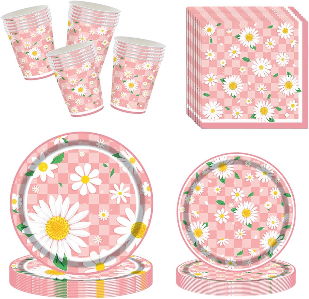 Daisy Disposable Plates for Party 60 Pieces Party Plates and Cups and Napkins Sets，Disposable Tableware for Tea Parties，Flower Patterned Paper Plate for Catering, Dinners, Weddings, And Everyday Use