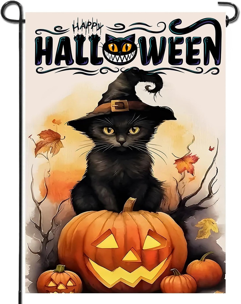 DECORLUXES Halloween Cat Garden Flag, Vertical Double Sided Happy Halloween Pumpkin Holiday Outside Decorations (Garden Flag)