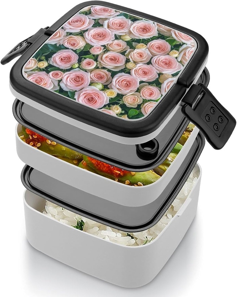 Bento Box Adult Lunch Box Lunchable Food Container with Utensil Pink Fresh Roses Lunchbox Leak-Proof Lunch Containers Double Layer Bento Box for Dining Out Work Picnics Travel