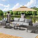 5 Piece Modern Outdoor Patio Furniture Set, Rope-Woven All-Weather Metal Conversation Sofa with 2 Nesting Tables & 6.3" Thick Cushions