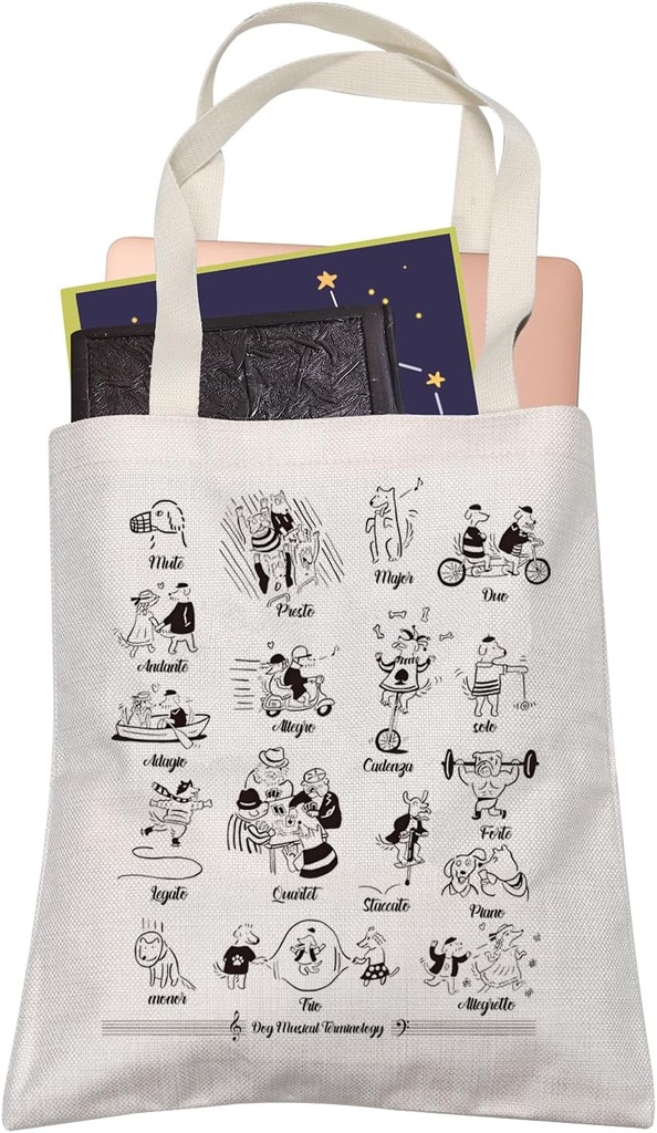 LEVLO Funny Dog Musical Terminology Shopping Bag Piano Player Musician Gift Animal Music Teacher Tote Bag