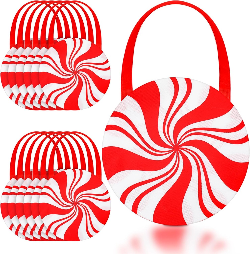 12 PCS Christmas Gifts Bag Christmas Candy Shaped Bags Reusable Non-Woven Fabric Christmas Tote Bags White Red Gifts Bags with Handle Christmas Candy Treats Cookie Gift Bag for Christmas Party