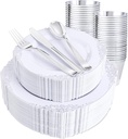 Hioasis 300pcs White and Silver Plastic Plates - Disposable Dinnerware Set Suitable for 50 Guests Include 10.25" Dinner & 7.5" Dessert Plates,Silverware Set, Cups for Halloween(NO Napkins Included)