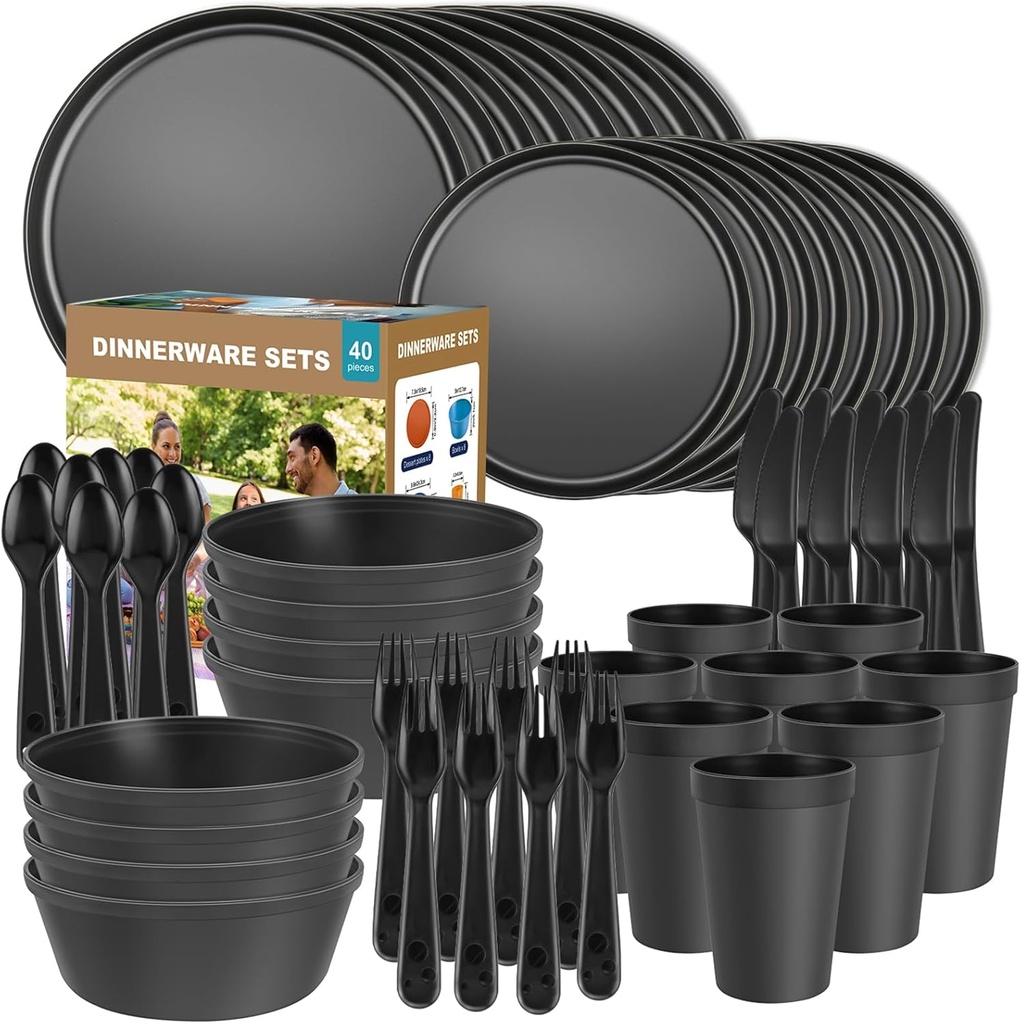 40 Piece RV and Camping Dinnerware Set, Microwave Safe Plates and Bowls Set for 8 with Cutlery, Lightweight & Unbreakable, The Perfect Melamine Alternative Black