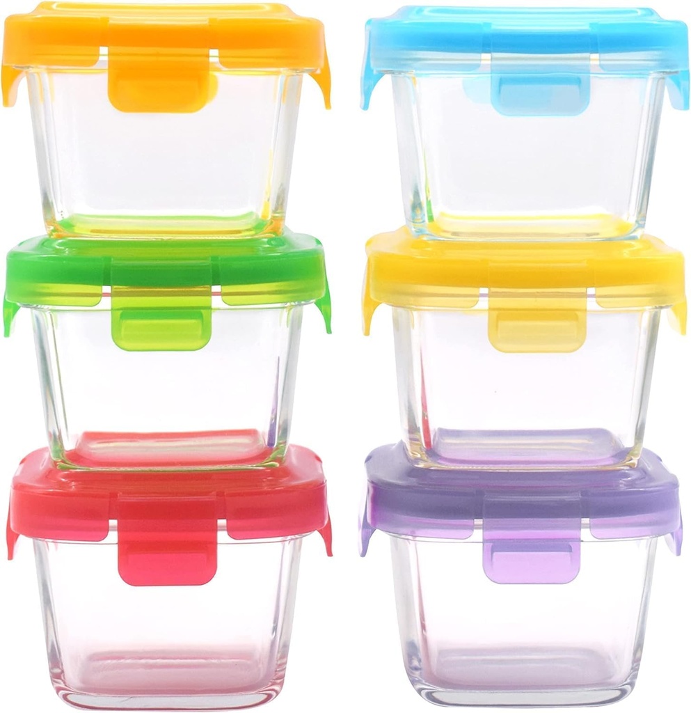 ARSUK Square 5oz Glass Food Storage Containers with Airtight BPA-Free Lids 6 Pack, Small Glass Freezer Containers for Sauce, Sides, Meal Prep - Reusable & Dishwasher Microwave Fridge Freezer Safe