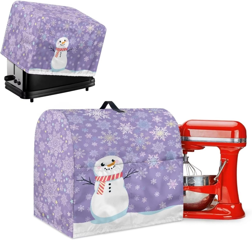 Snowman Small Appliance Dust Cover Sets Snowflakes Waffles Maker Oven Dust Cover Purple Mixer Protector with Top Handle Stain Resistant Christmassy Decor