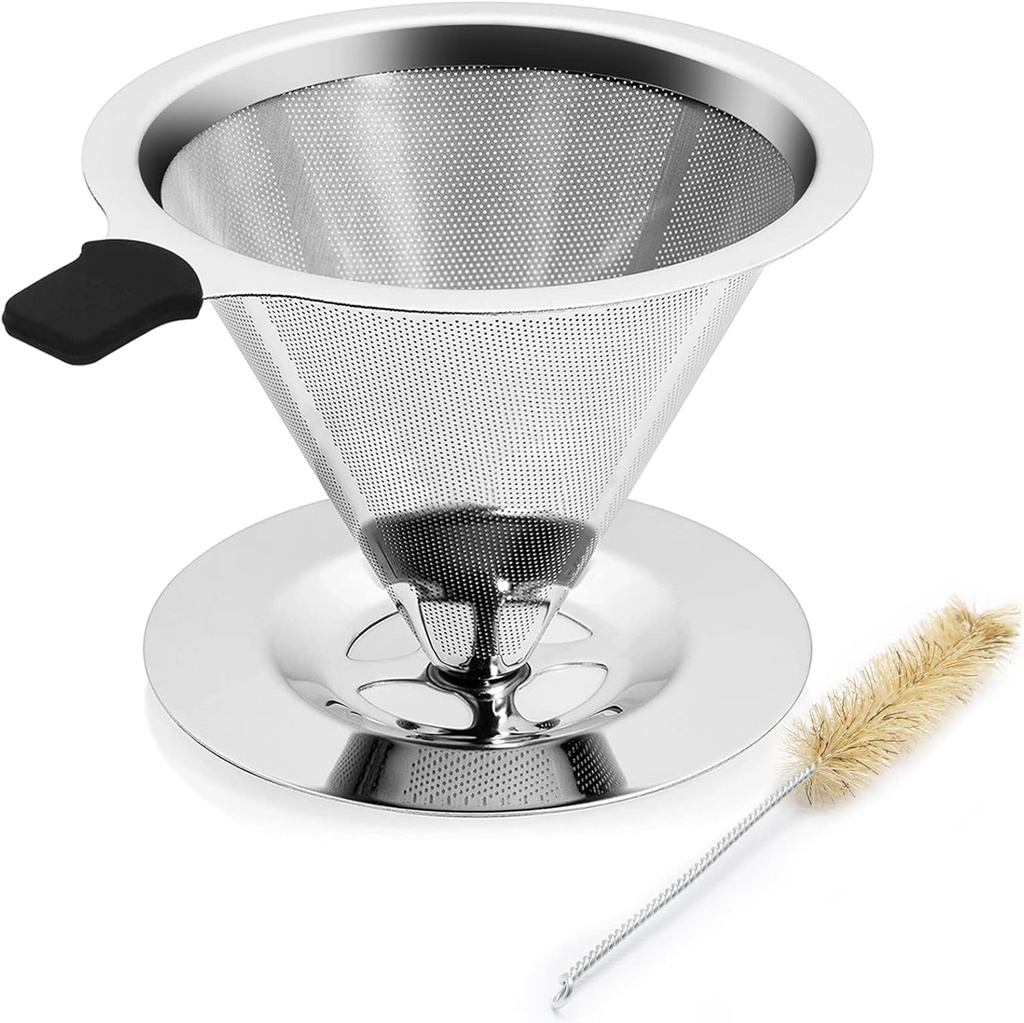 Pour Over Coffee Dripper Filter, 1-4 Cups Double Mesh Paperless Manual Reusable Permanent Coffee Cone Stainless Steel