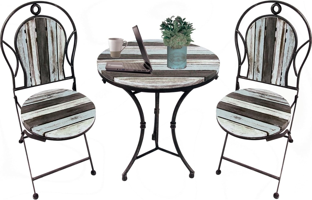 Backyard Expressions Rustic Farmhouse 3-Piece Bistro Set – Foldable Table & Chairs with Durable Wrought Iron Frame – Compact Outdoor Patio Furniture for Porch, Balcony, or Garden (Multi-Color)