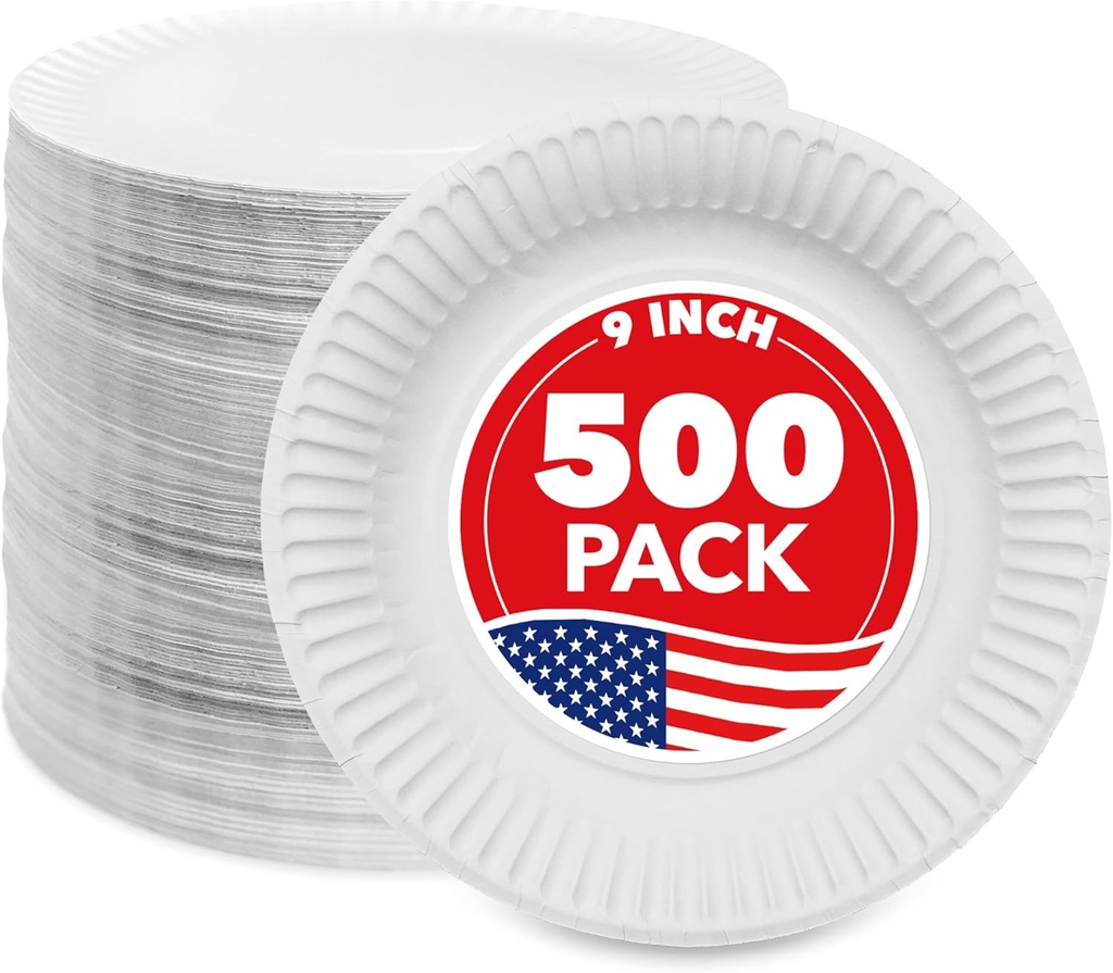 Stock Your Home 9-Inch Paper Plates Uncoated, Everyday Disposable Plates 9" Paper Plate Bulk, White, 500 Count